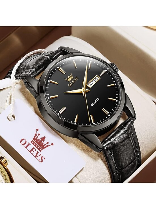 Amazon.com: OLEVS Leather Strap Watches for Men Black Blue  Men\'s All Black Fashion Quartz Leather Buckle Waterproof Luminous Round Watch